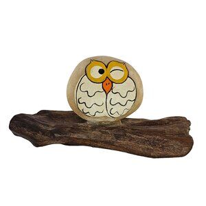 Hand Painted Owl Rock Decor on Driftwood Unique Home Office Art Gift MCM